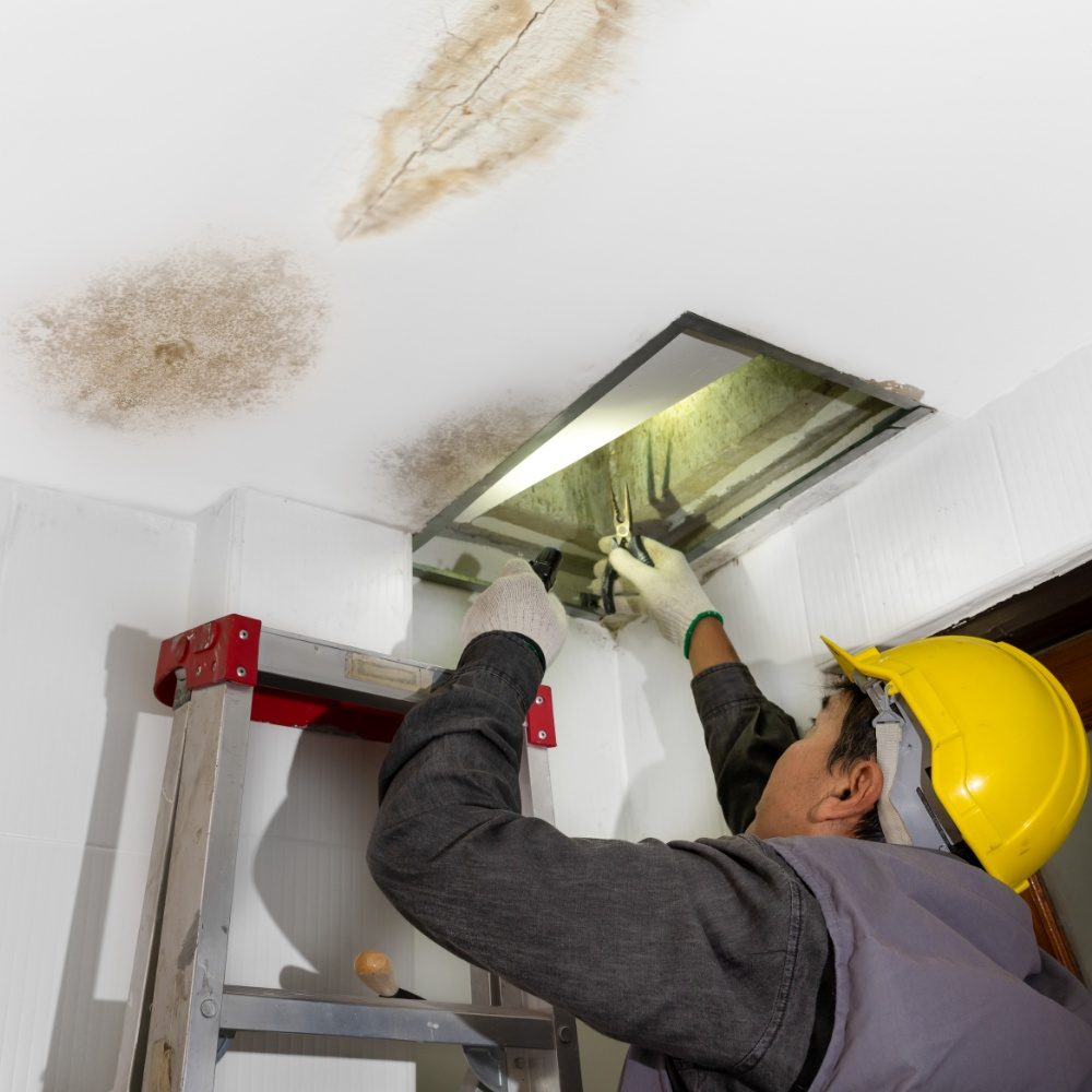 Water-damaged ceiling being inspected for repair