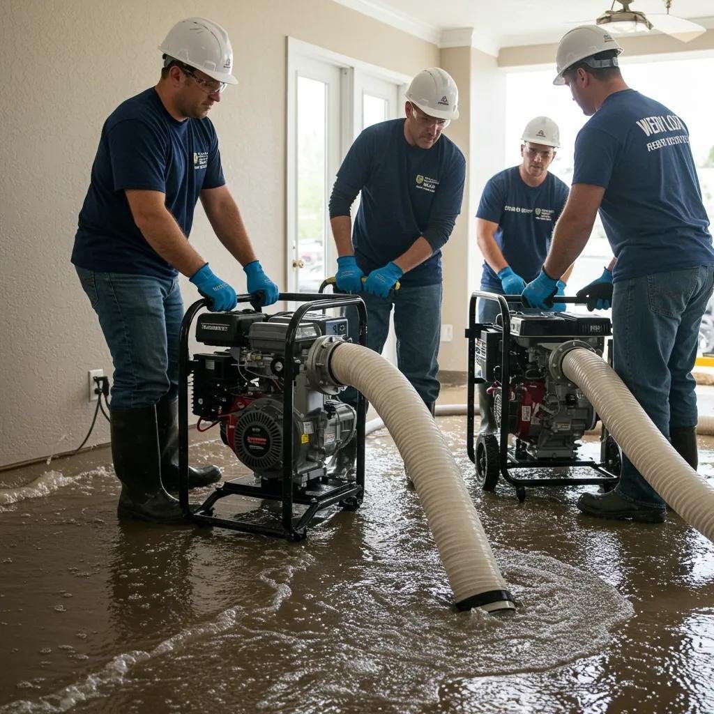 Crew performing flood cleanup with pumps and hoses